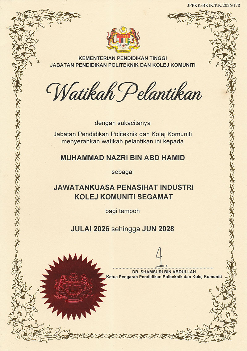Watikah Perlantikan Jawatankuasa Penasihat Industri Kolej